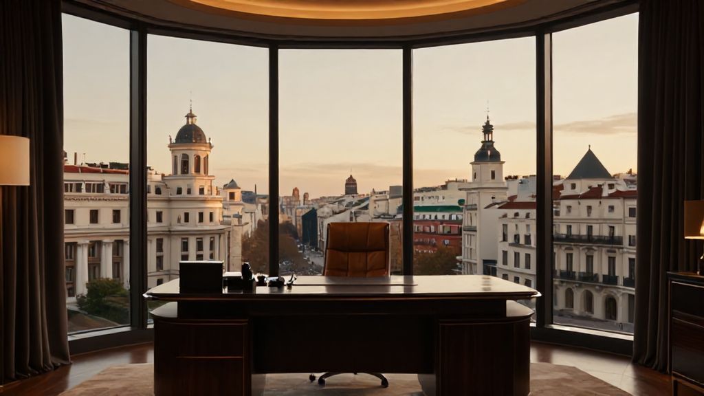 Oficina moderna de consultoría en Madrid con vista panorámica